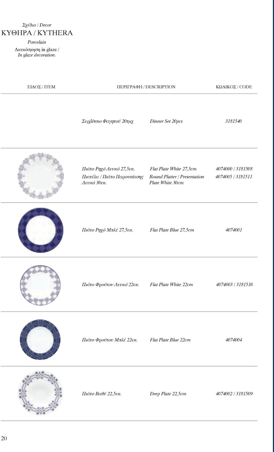Flat Plate White 27,5cm 4074000 / 3181508 Πιατέλα / Πιάτο Παρουσίασης Round Platter / Presentation 4074005 / 3181511 Λευκό 30εκ.