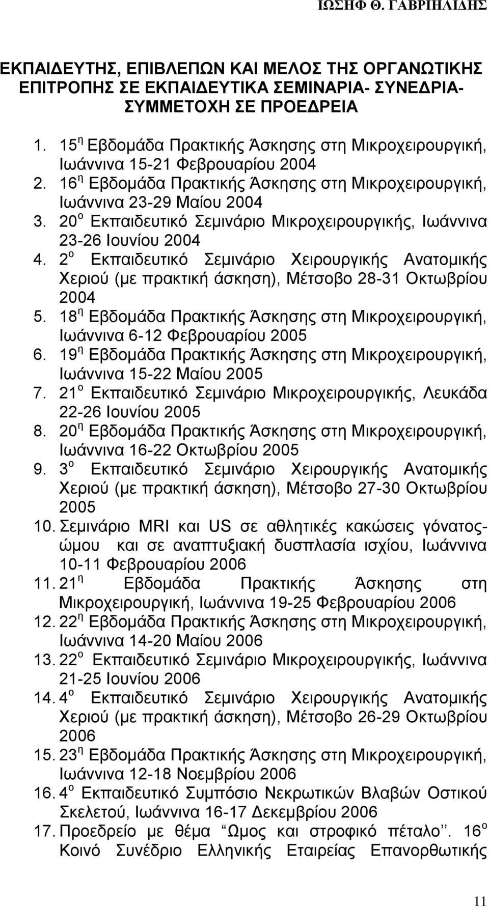 20 ο Εκπαιδευτικό Σεμινάριο Μικροχειρουργικής, Ιωάννινα 23-26 Ιουνίου 2004 4. 2 ο Εκπαιδευτικό Σεμινάριο Χειρουργικής Ανατομικής Χεριού (με πρακτική άσκηση), Μέτσοβο 28-31 Οκτωβρίου 2004 5.