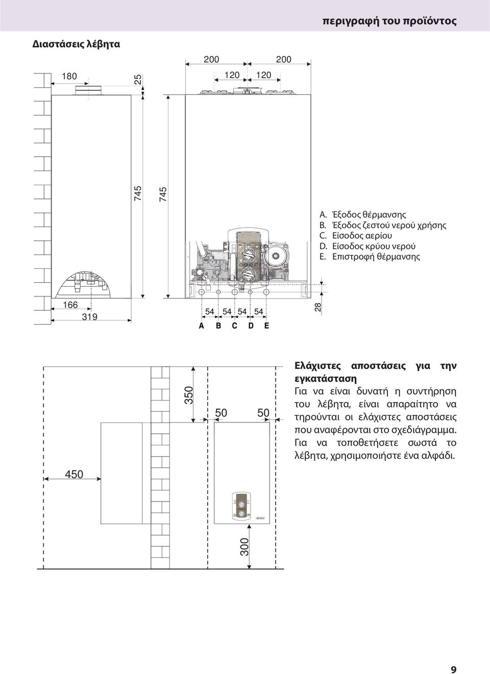 Επιστροφή θέρμανσης 66 9 54 54 54 54 8 450 50 50 50 Ελάχιστες αποστάσεις για την εγκατάσταση Για να είναι δυνατή η συντήρηση του