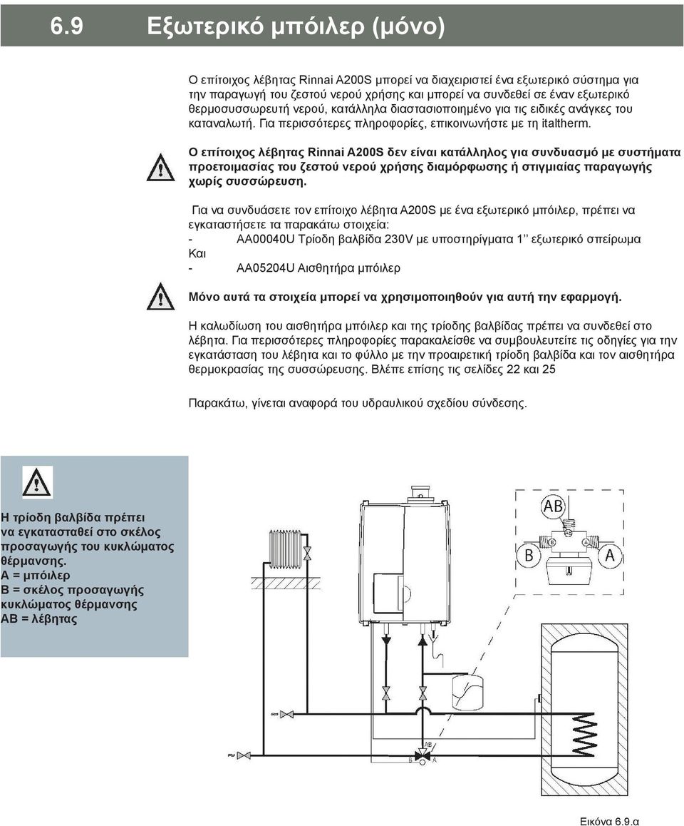 Ο επίτοιχος λέβητας Rinnai A200S δεν είναι κατάλληλος για συνδυασμό με συστήματα προετοιμασίας του ζεστού νερού χρήσης διαμόρφωσης ή στιγμιαίας παραγωγής χωρίς συσσώρευση.