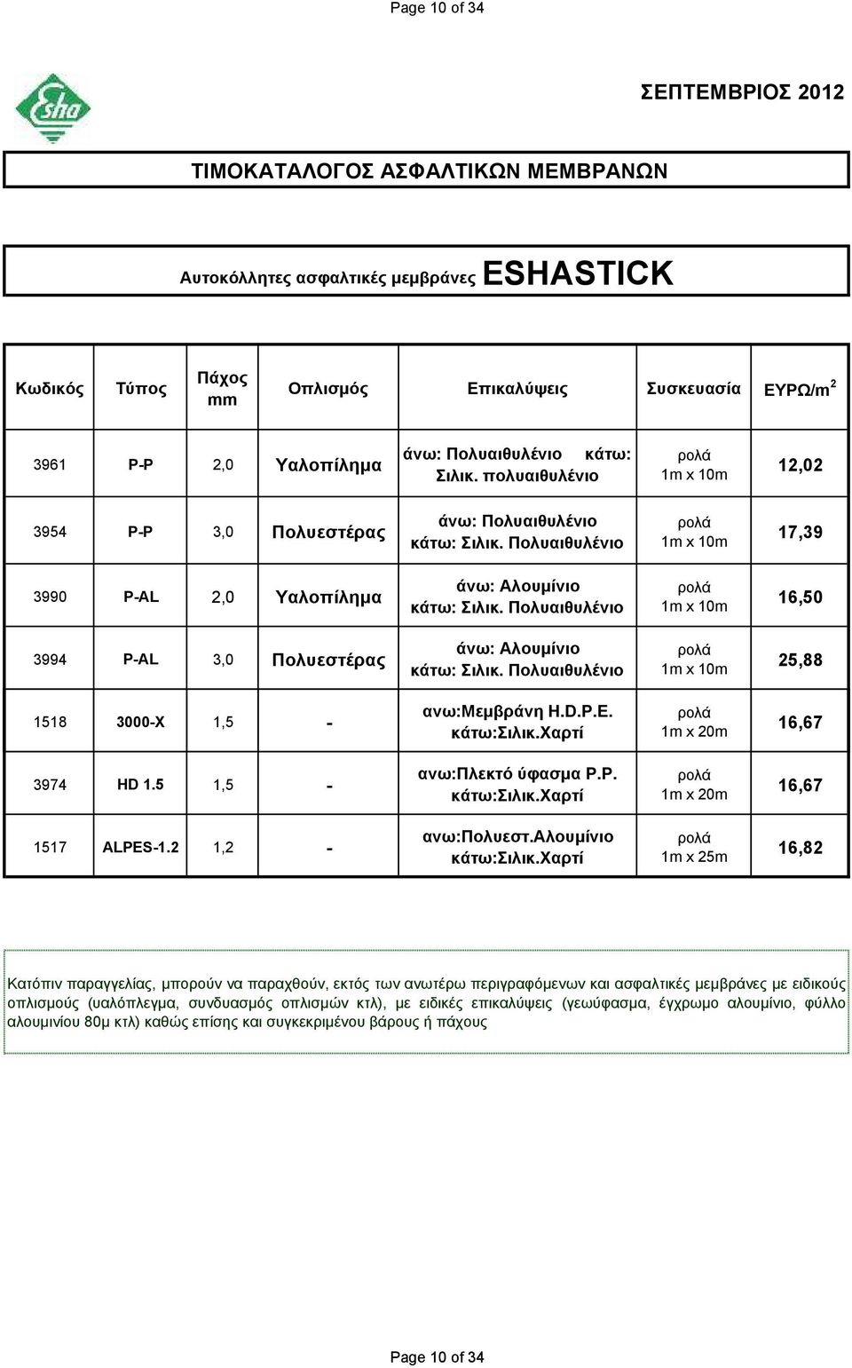 Πολυαιθυλένιο 1m x 10m 16,50 3994 P-AL 3,0 Πολυεστέρας άνω: Αλουμίνιο κάτω: Σιλικ. Πολυαιθυλένιο 1m x 10m 25,88 1518 3000-X 1,5 - ανω:μεμβράνη H.D.P.E. κάτω:σιλικ.χαρτί 1m x 20m 16,67 3974 HD 1.