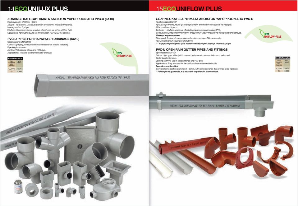 PVCU PIPES FOR RAINWATER DRAINAGE (6X10) Specifications: EN 19/B Colour: Light grey, white (with increased resistance to solar radiation). Pipe length: 3 meters.