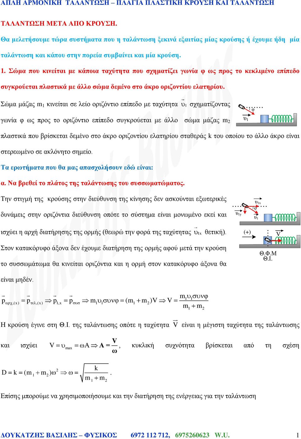 Σώμα μάζας κινείται σε λείο οριζόντιο επίπεδο με ταχύτητα σχηματίζοντας γωνία ως προς το οριζόντιο επίπεδο συγκρούεται με άλλο σώμα μάζας υ πλαστικά που βρίσκεται δεμένο στο άκρο οριζοντίου ελατηρίου