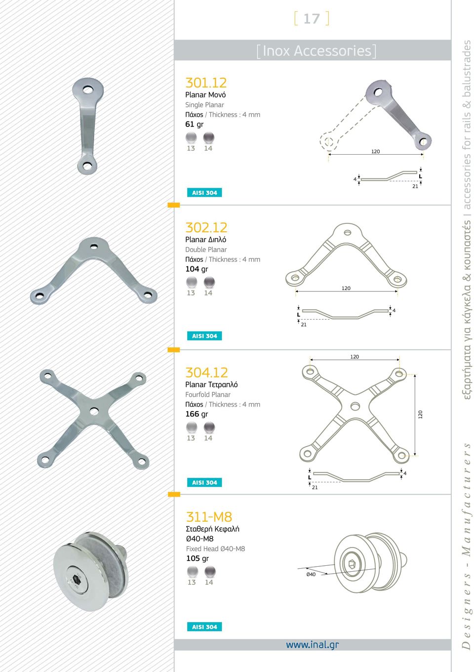 12 Planar Τετραπλό Fourfold Planar Πάχος / Thickness : 4 mm 166 gr [Inox Accessories] 21 120 4 120 120 4