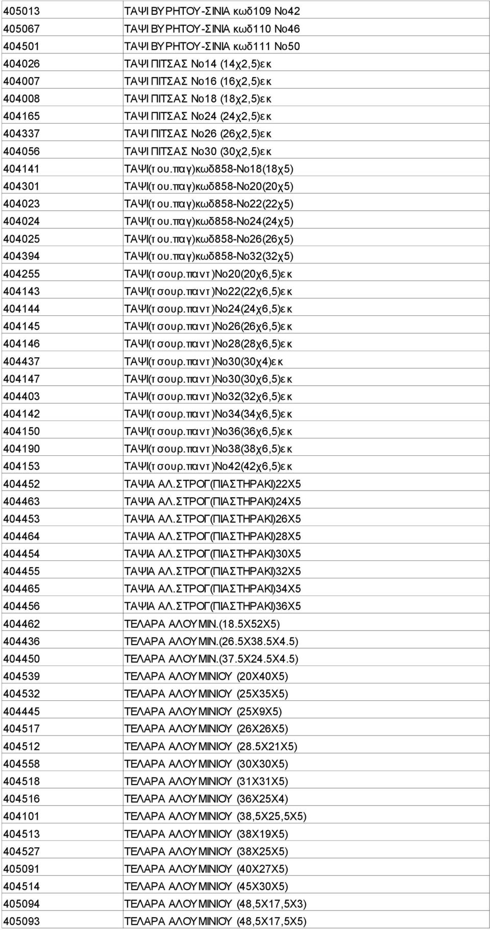 παγ)κωδ858-νο20(20χ5) 404023 ΤΑΨΙ(τ ου.παγ)κωδ858-νο22(22χ5) 404024 ΤΑΨΙ(τ ου.παγ)κωδ858-νο24(24χ5) 404025 ΤΑΨΙ(τ ου.παγ)κωδ858-νο26(26χ5) 404394 ΤΑΨΙ(τ ου.παγ)κωδ858-νο32(32χ5) 404255 ΤΑΨΙ(τ σουρ.