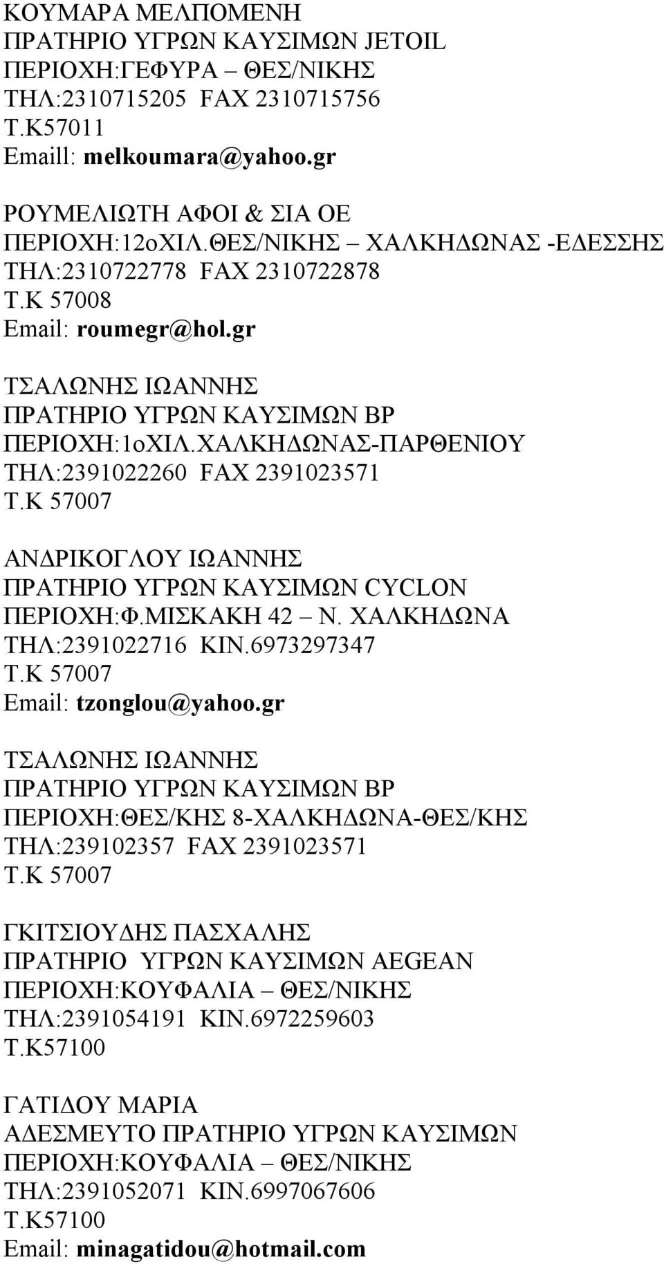 Κ 57007 ΑΝΔΡΙΚΟΓΛΟΥ ΙΩΑΝΝΗΣ ΠΡΑΤΗΡΙΟ ΥΓΡΩΝ ΚΑΥΣΙΜΩΝ CYCLON ΠΕΡΙΟΧΗ:Φ.ΜΙΣΚΑΚΗ 42 Ν. ΧΑΛΚΗΔΩΝΑ ΤΗΛ:2391022716 ΚΙΝ.6973297347 Τ.Κ 57007 Email: tzonglou@yahoo.