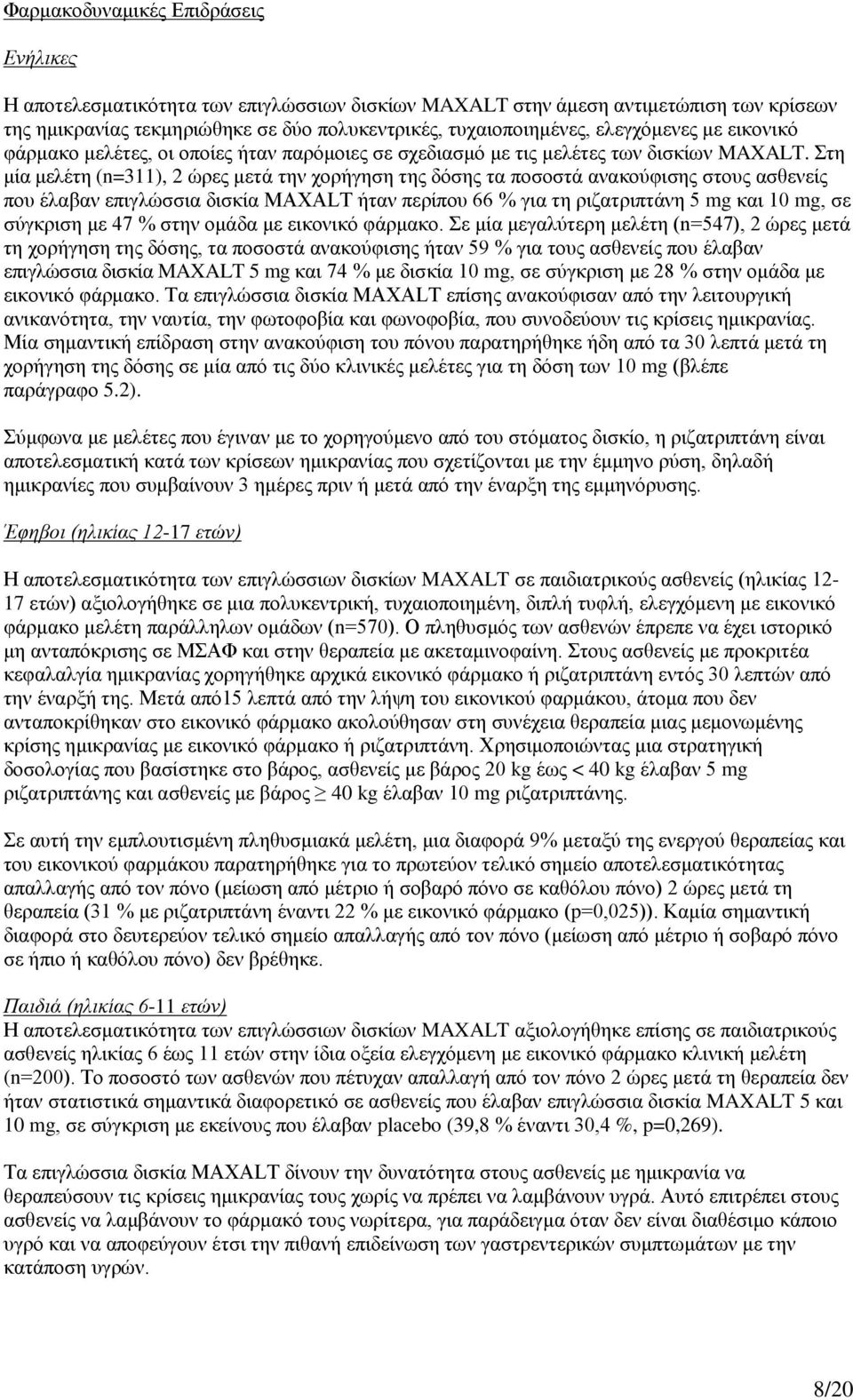 Στη μία μελέτη (n=311), 2 ώρες μετά την χορήγηση της δόσης τα ποσοστά ανακούφισης στους ασθενείς που έλαβαν επιγλώσσια δισκία MAXALT ήταν περίπου 66 % για τη ριζατριπτάνη 5 mg και 10 mg, σε σύγκριση