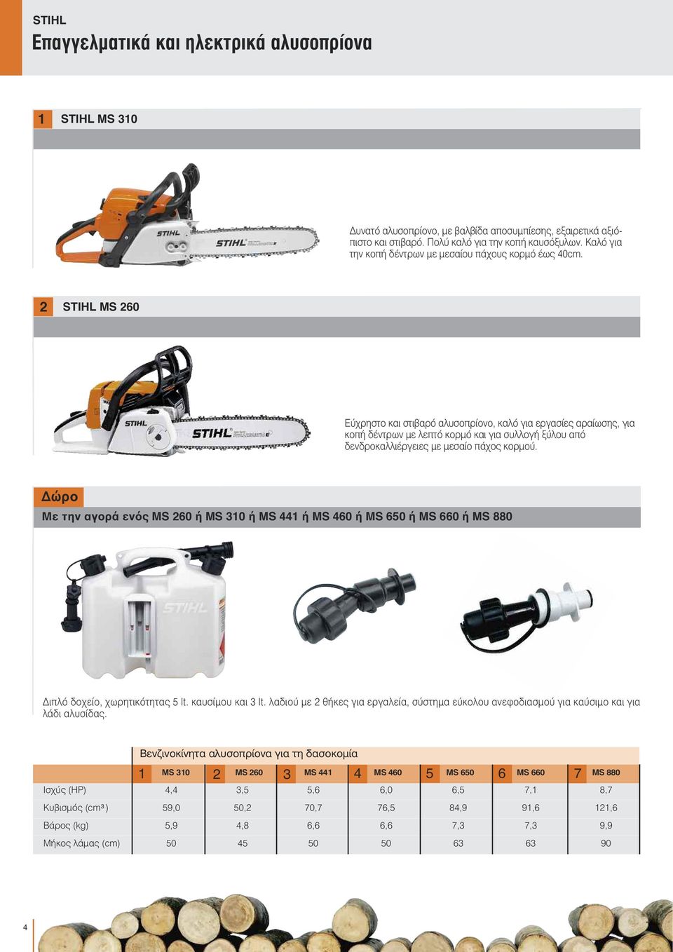 2 STIHL MS 260 Εύχρηστο και στιβαρό αλυσοπρίονο, καλό για εργασίες αραίωσης, για κοπή δέντρων µε λεπτό κορµό και για συλλογή ξύλου από δενδροκαλλιέργειες µε µεσαίο πάχος κορµού.