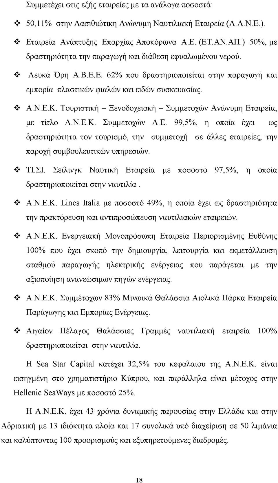 Τουριστική - Ξενοδοχειακή - Συμμετοχών Ανώνυμη Εταιρεία, με τίτλο Α.Ν.Ε.Κ. Συμμετοχών Α.Ε. 99,5%, η οποία έχει ως δραστηριότητα τον τουρισμό, την συμμετοχή σε άλλες εταιρείες, την παροχή συμβουλευτικών υπηρεσιών.