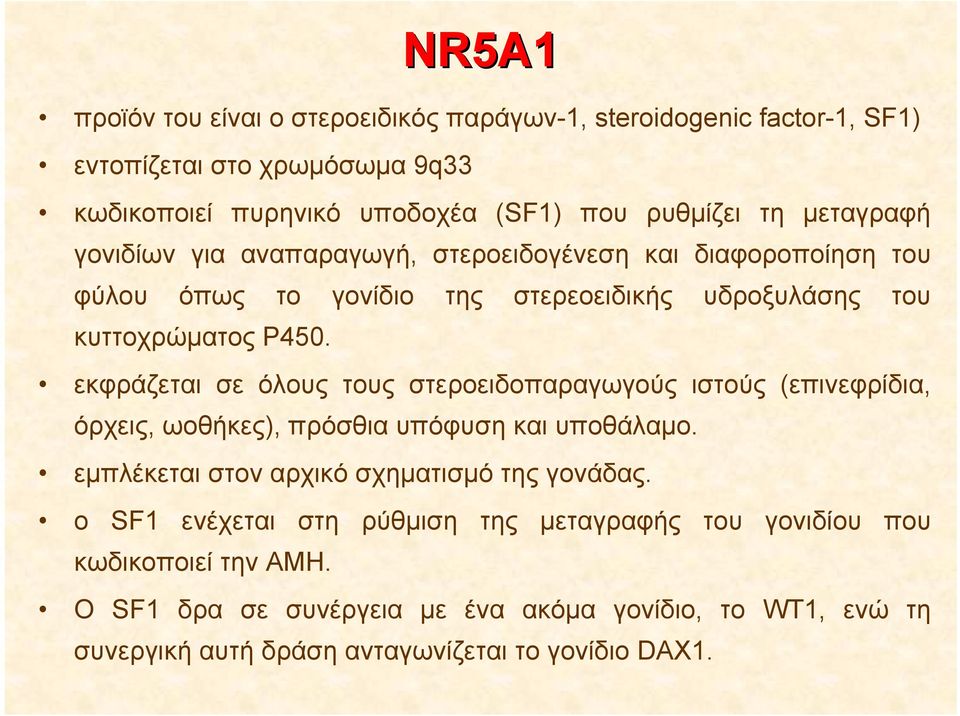 εκφράζεται σε όλους τους στεροειδοπαραγωγούς ιστούς (επινεφρίδια, όρχεις, ωοθήκες), πρόσθια υπόφυση και υποθάλαμο. εμπλέκεται στον αρχικό σχηματισμό της γονάδας.