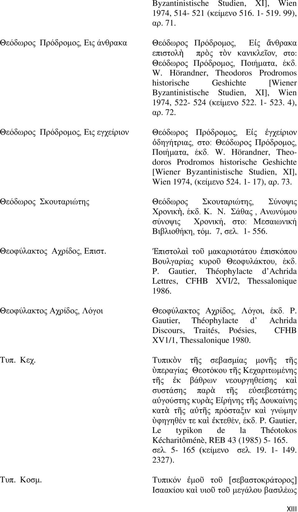 Hörandner, Theodoros Prodromos historische Geshichte [Wiener Byzantinistische Studien, XI], Wien 1974, 522-524 (κείμενο 522. 1-523. 4), αρ. 72.