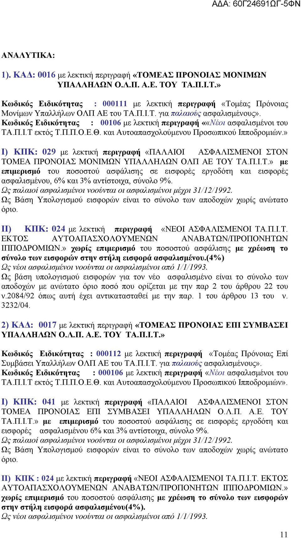 » I) ΚΠΚ: 029 με λεκτική περιγραφή «ΠΑΛΑΙΟΙ ΑΣΦΑΛΙΣΜΕΝΟΙ ΣΤΟΝ ΤΟΜΕΑ ΠΡΟΝΟΙΑΣ ΜΟΝΙΜΩΝ ΥΠΑΛΛΗΛΩΝ ΟΛΠ ΑΕ ΤΟΥ ΤΑ.Π.Ι.Τ.» με επιμερισμό του ποσοστού ασφάλισης σε εισφορές εργοδότη και εισφορές ασφαλισμένου, 6% και 3% αντίστοιχα, σύνολο 9%.