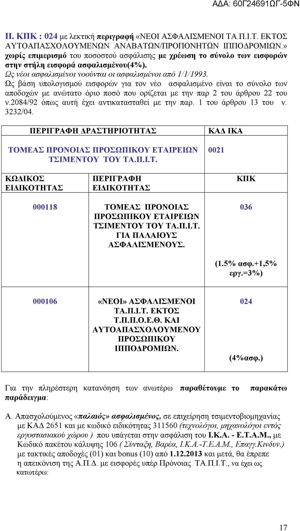Ως βάση υπολογισμού εισφορών για τον νέο ασφαλισμένο είναι το σύνολο των ΠΕΡΙΓΡΑΦΗ ΔΡΑΣΤΗΡΙΟΤΗΤΑΣ ΤΟΜΕΑΣ ΠΡΟΝΟΙΑΣ ΕΤΑΙΡΕΙΩΝ ΤΣΙΜΕΝΤΟΥ ΤΟΥ ΤΑ.Π.Ι.Τ. ΚΑΔ ΙΚΑ 0021 ΚΩΔΙΚΟΣ ΠΕΡΙΓΡΑΦΗ ΚΠΚ 000118 ΤΟΜΕΑΣ ΠΡΟΝΟΙΑΣ ΕΤΑΙΡΕΙΩΝ ΤΣΙΜΕΝΤΟΥ ΤΟΥ ΤΑ.