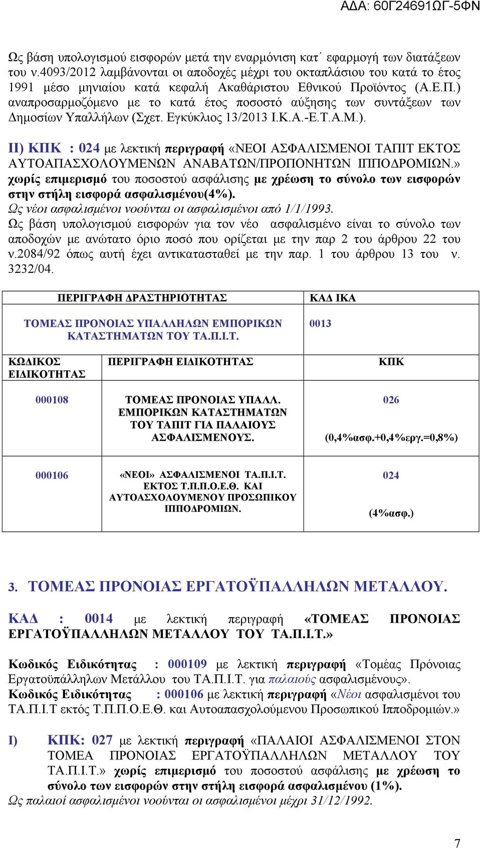 οϊόντος (Α.Ε.Π.) αναπροσαρμοζόμενο με το κατά έτος ποσοστό αύξησης των συντάξεων των Δημοσίων Υπαλλήλων (Σχετ. Εγκύκλιος 13/2013 Ι.Κ.Α.-Ε.Τ.Α.Μ.). II) ΚΠΚ : 024 με λεκτική περιγραφή «ΝΕΟΙ ΑΣΦΑΛΙΣΜΕΝΟΙ ΤΑΠΙΤ ΕΚΤΟΣ ΑΥΤΟΑΠΑΣΧΟΛΟΥΜΕΝΩΝ ΑΝΑΒΑΤΩΝ/ΠΡΟΠΟΝΗΤΩΝ ΙΠΠΟΔΡΟΜΙΩΝ.