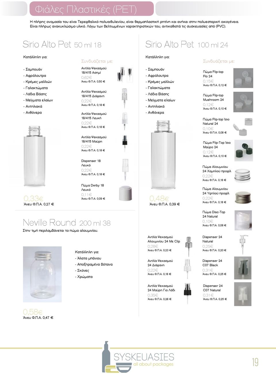 Sirio Alto Pet 50 ml 18 Sirio Alto Pet 100 ml 24 18/415 Ασημί 0,62 18/415 Διάφανη 18/415 Λευκή 18/415 Μαύρη Flo 24 0,15 Άνευ Φ.Π.Α. Mushroom 24 Ίσιο Natural 24 Πώμα Flip-Top Ίσιο Μαύρο 24 24 Χαμηλού προφίλ 0,33 Άνευ Φ.