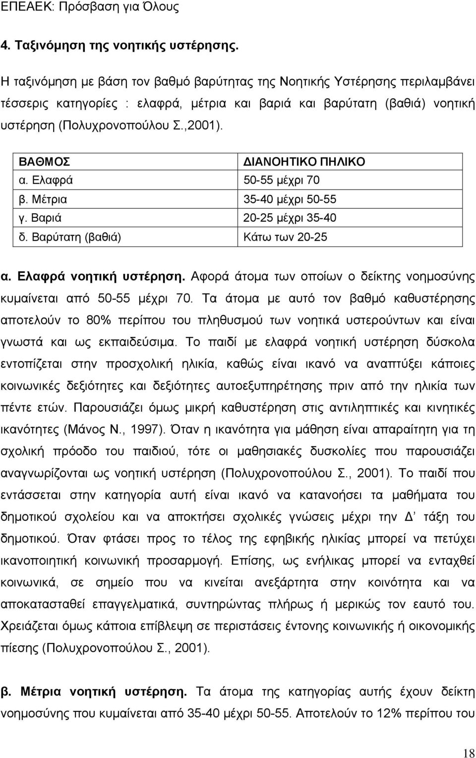 ΒΑΘΜΟΣ ΔΙΑΝΟΗΤΙΚΟ ΠΗΛΙΚΟ α. Ελαφρά 50-55 μέχρι 70 β. Μέτρια 35-40 μέχρι 50-55 γ. Βαριά 20-25 μέχρι 35-40 δ. Βαρύτατη (βαθιά) Κάτω των 20-25 α. Ελαφρά νοητική υστέρηση.