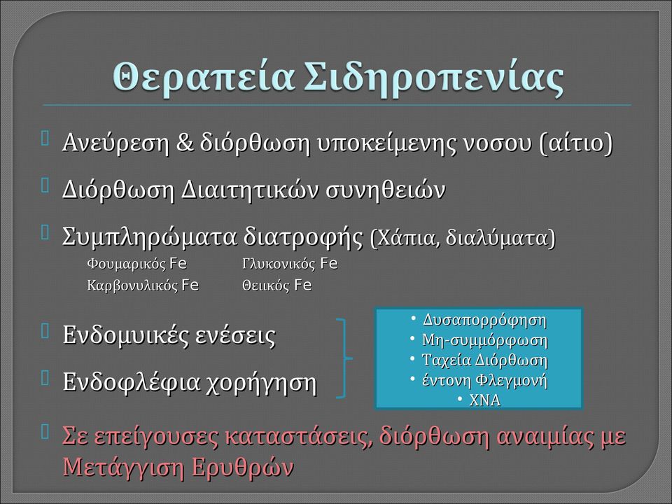 Θειικός Fe Δυσαπορρόφηση Μη-συμμόρφωση Ταχεία Διόρθωση έντονη Φλεγμονή ΧΝΑ Ενδομυικές