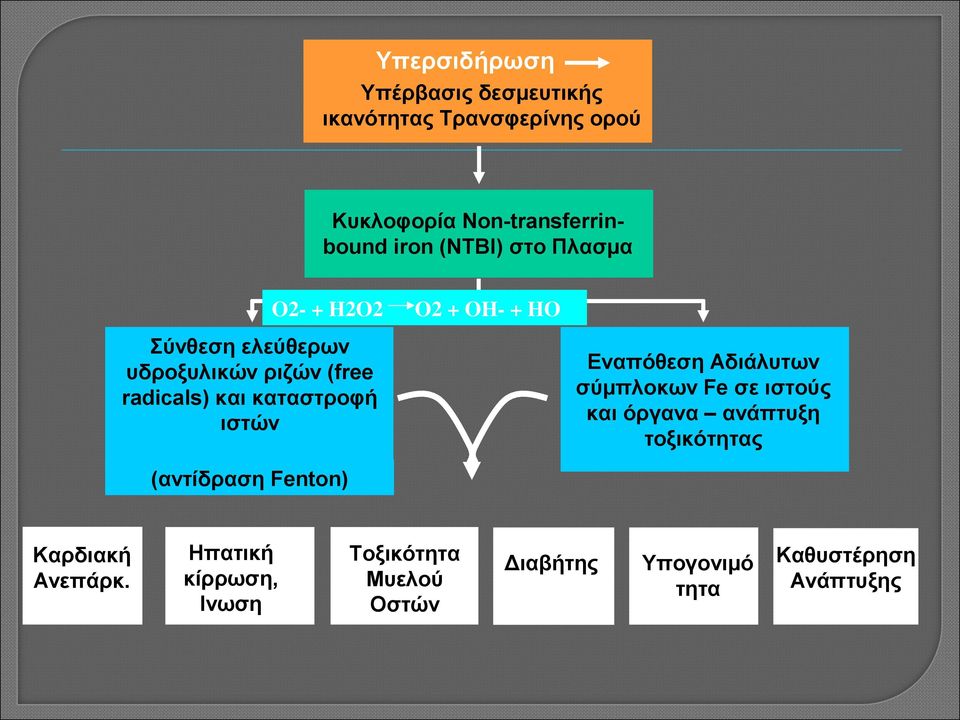 καταστροφή ιστών Εναπόθεση Αδιάλυτων σύμπλοκων Fe σε ιστούς και όργανα ανάπτυξη τοξικότητας (αντίδραση