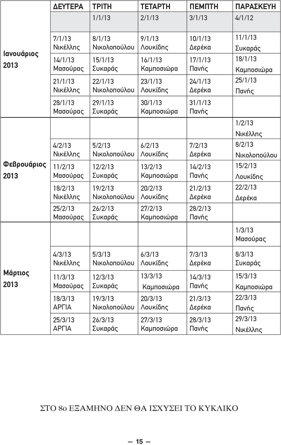 Πανής 1/2/13 Νικέλλης Φεβρουάριος 2013 4/2/13 Νικέλλης 11/2/13 Μασούρας 5/2/13 Νικολοπούλου 12/2/13 Συκαράς 6/2/13 Λουκίδης 13/2/13 Καμποσιώρα 7/2/13 Δερέκα 14/2/13 Πανής 8/2/13 Νικολοπούλου 15/2/13