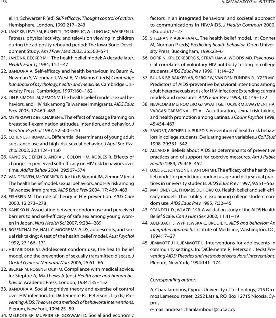 The health belief model: A decade later. Health Educ Q 1984, 11:1 47 22. Bandura A. Self-efficacy and health behaviour.