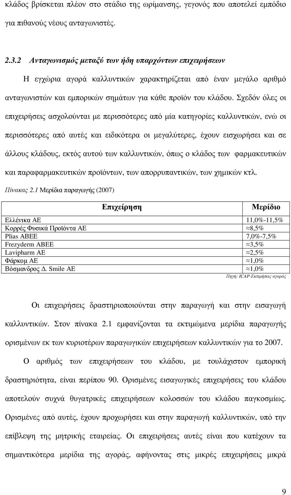 Σχεδόν όλες οι επιχειρήσεις ασχολούνται µε περισσότερες από µία κατηγορίες καλλυντικών, ενώ οι περισσότερες από αυτές και ειδικότερα οι µεγαλύτερες, έχουν εισχωρήσει και σε άλλους κλάδους, εκτός