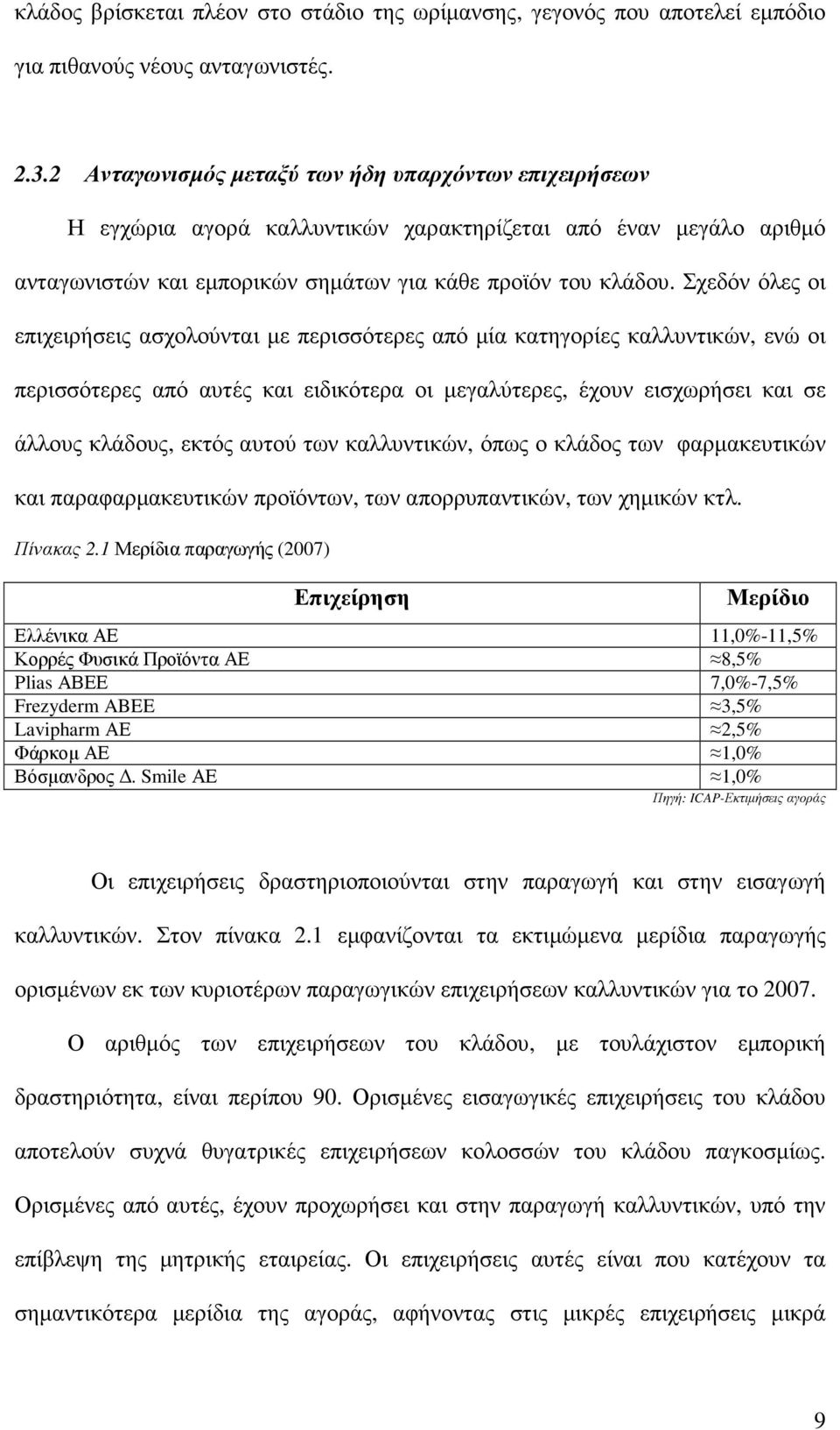 Σχεδόν όλες οι επιχειρήσεις ασχολούνται µε περισσότερες από µία κατηγορίες καλλυντικών, ενώ οι περισσότερες από αυτές και ειδικότερα οι µεγαλύτερες, έχουν εισχωρήσει και σε άλλους κλάδους, εκτός