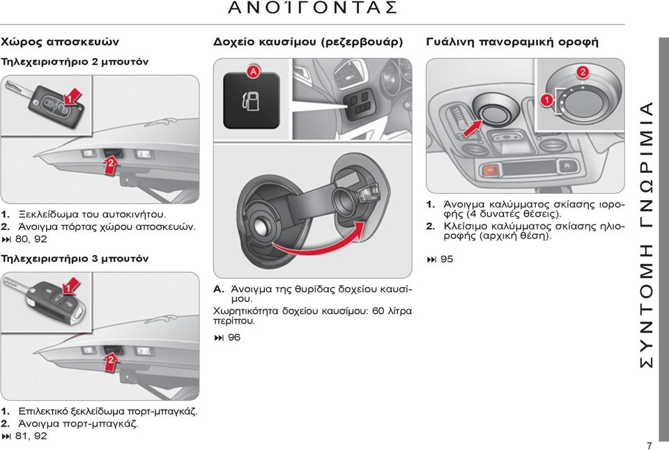 Επιλεκτικό ξεκλείδωμα πορτ-μπαγκάζ. 2. Άνοιγμα πορτ-μπαγκάζ. 81, 92 A. Άνοιγμα της θυρίδας δοχείου καυσίμου.
