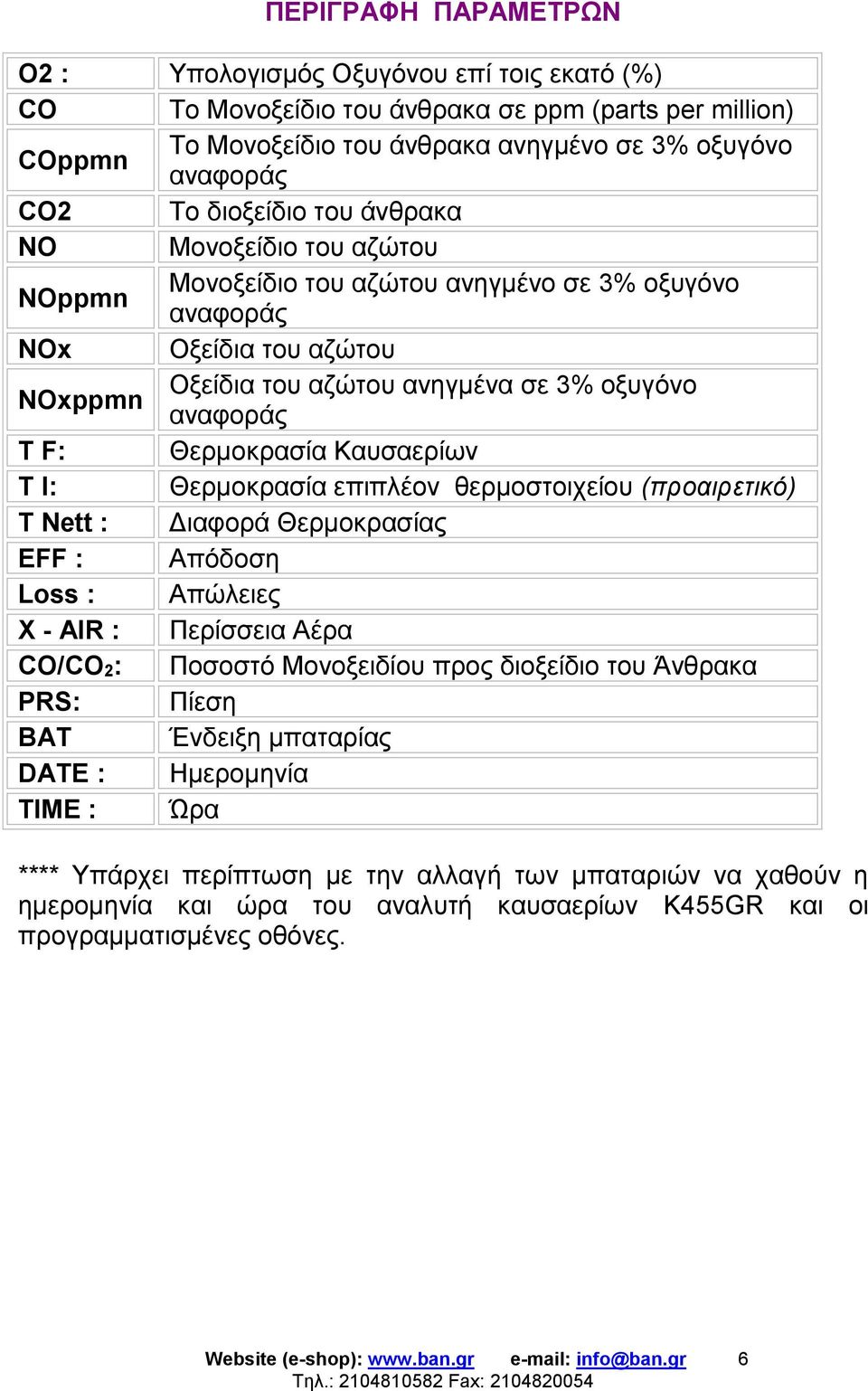 Θερμοκρασία Καυσαερίων T I: Θερμοκρασία επιπλέον θερμοστοιχείου (προαιρετικό) T Nett : Διαφορά Θερμοκρασίας EFF : Απόδοση Loss : Απώλειες X - AIR : Περίσσεια Αέρα CO/CO2: Ποσοστό Μονοξειδίου προς