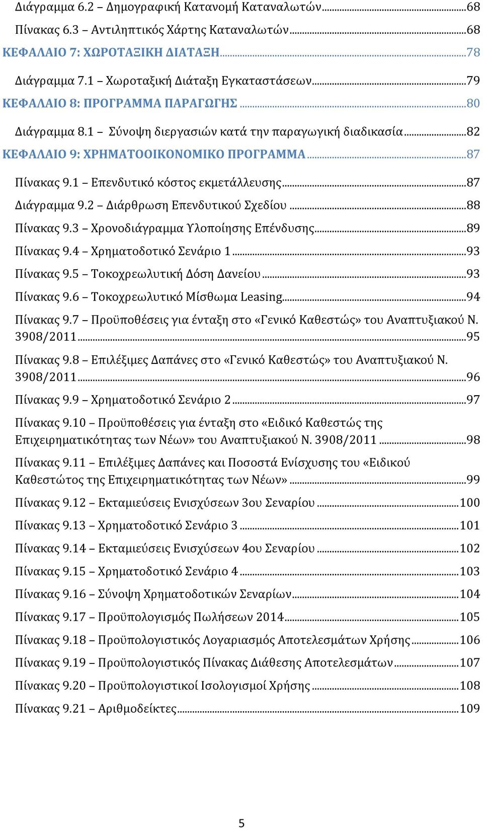 ..87 Διάγραμμα 9.2 Διάρθρωση Επενδυτικού Σχεδίου...88 Πίνακας 9.3 Χρονοδιάγραμμα Υλοποίησης Επένδυσης...89 Πίνακας 9.4 Χρηματοδοτικό Σενάριο 1...93 Πίνακας 9.5 Τοκοχρεωλυτική Δόση Δανείου.