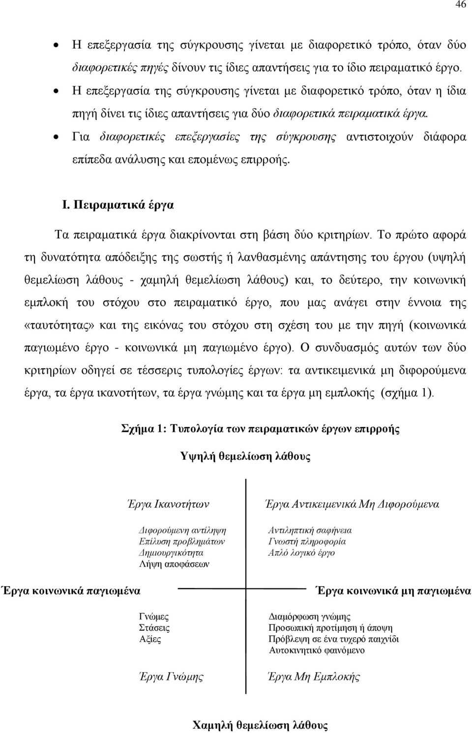 Για διαφορετικές επεξεργασίες της σύγκρουσης αντιστοιχούν διάφορα επίπεδα ανάλυσης και επομένως επιρροής. Ι. Πειραματικά έργα Τα πειραματικά έργα διακρίνονται στη βάση δύο κριτηρίων.