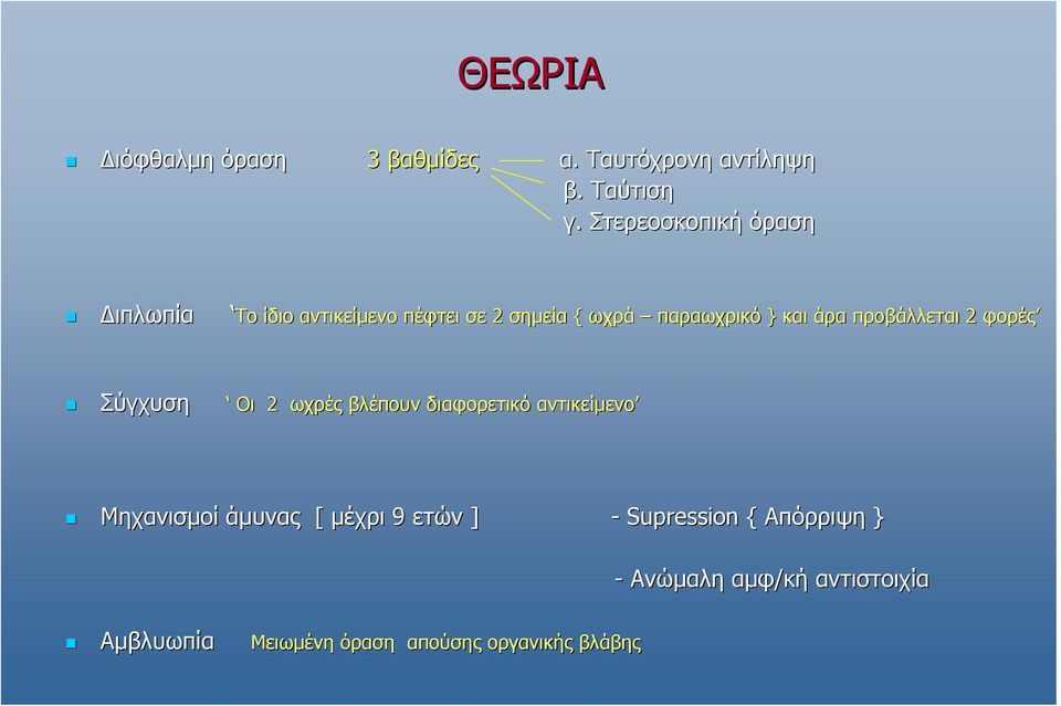 άρα προβάλλεται 2 φορές Σύγχυση Οι 2 ωχρές βλέπουν διαφορετικό αντικείµενο Μηχανισµοί άµυνας