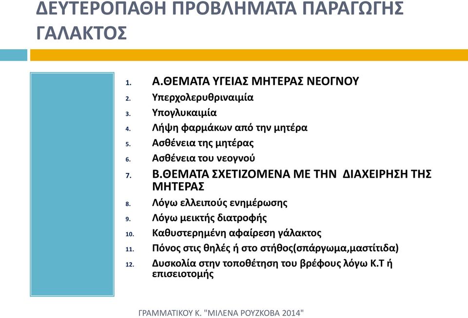 ΘΕΜΑΤΑ ΣΧΕΤΙΖΟΜΕΝΑ ΜΕ ΤΗΝ ΔΙΑΧΕΙΡΗΣΗ ΤΗΣ ΜΗΤΕΡΑΣ 8. Λόγω ελλειπούς ενημέρωσης 9. Λόγω μεικτής διατροφής 10.