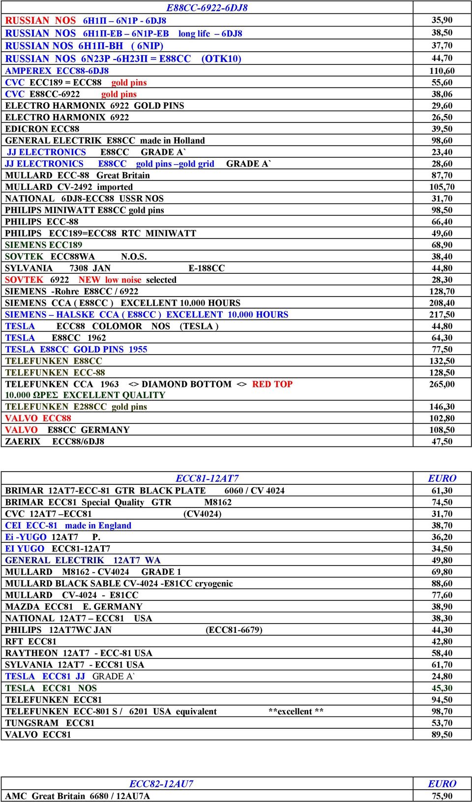 98,60 JJ ELECTRONICS E88CC GRADE A` 23,40 JJ ELECTRONICS E88CC gold pins gold grid GRADE A` 28,60 MULLARD ECC-88 Great Britain 87,70 MULLARD CV-2492 imported 105,70 NATIONAL 6DJ8-ECC88 USSR NOS 31,70