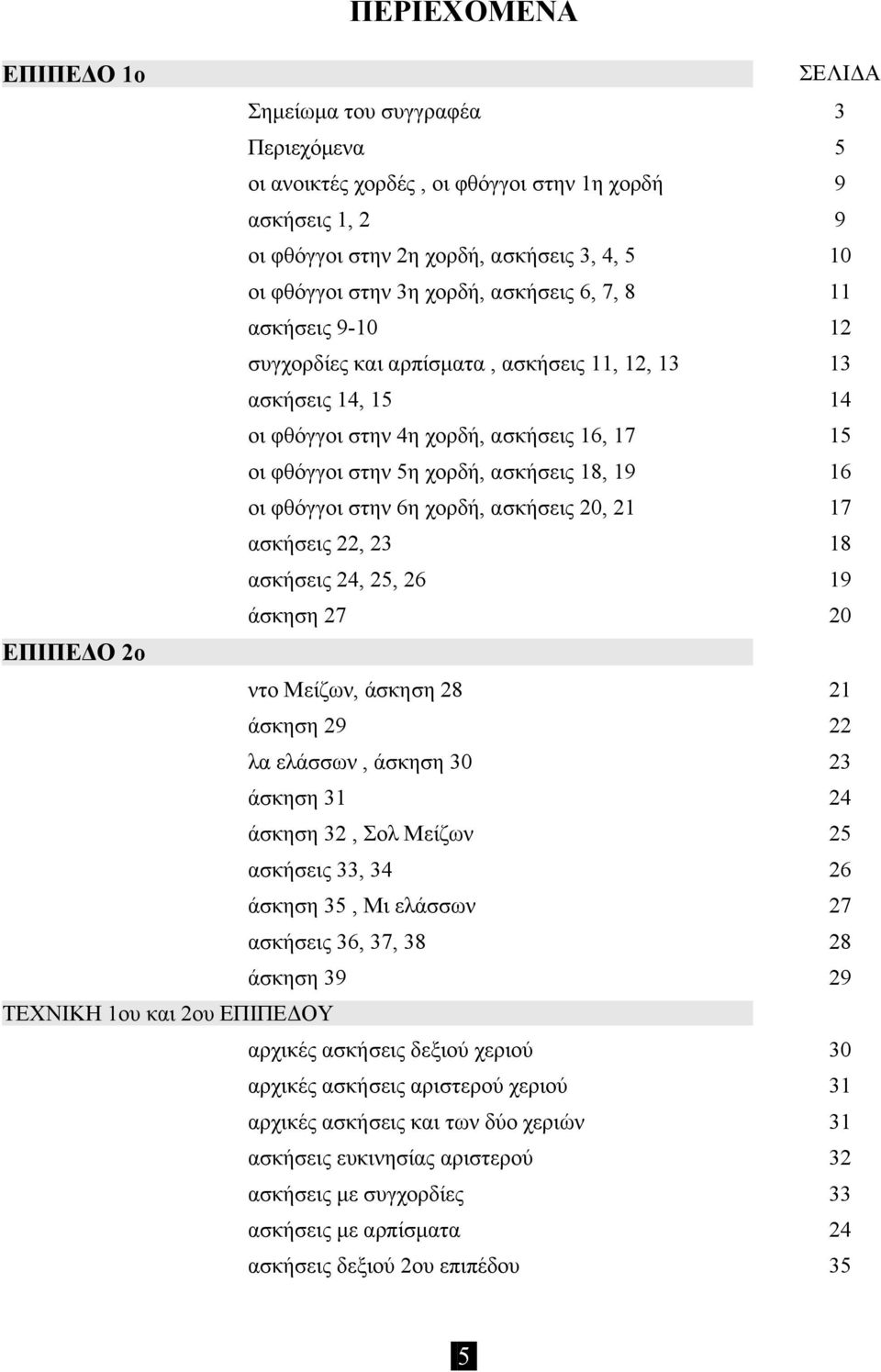 16 οι φθόγγοι στην 6η χορδή, ασκήσεις 20, 21 17 ασκήσεις 22, 23 18 ασκήσεις 24, 25, 26 19 άσκηση 27 20 ΕΠΙΠΕΔΟ 2o ντο Μείζων, άσκηση 28 21 άσκηση 29 22 λα ελάσσων, άσκηση 30 23 άσκηση 31 24 άσκηση