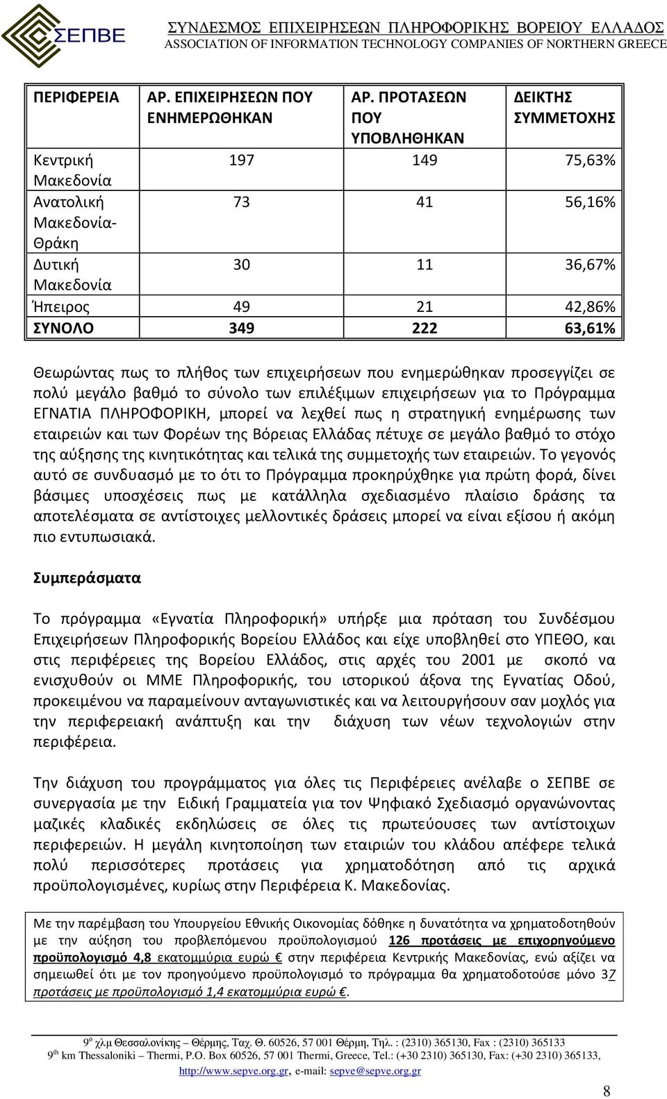 Θεωρώντας πως το πλήθος των επιχειρήσεων που ενημερώθηκαν προσεγγίζει σε πολύ μεγάλο βαθμό το σύνολο των επιλέξιμων επιχειρήσεων για το Πρόγραμμα ΕΓΝΑΤΙΑ ΠΛΗΡΟΦΟΡΙΚΗ, μπορεί να λεχθεί πως η