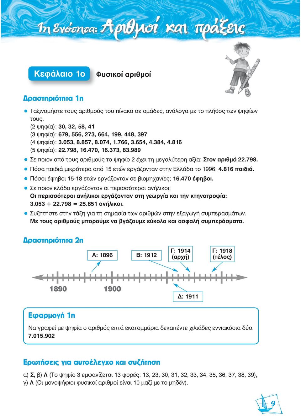 989 Σε ποιον από τους αριθμούς το ψηφίο 2 έχει τη μεγαλύτερη αξία; Στον αριθμό 22.798. Πόσα παιδιά μικρότερα από 15 ετών εργάζονταν στην Ελλάδα το 1996; 4.816 παιδιά.