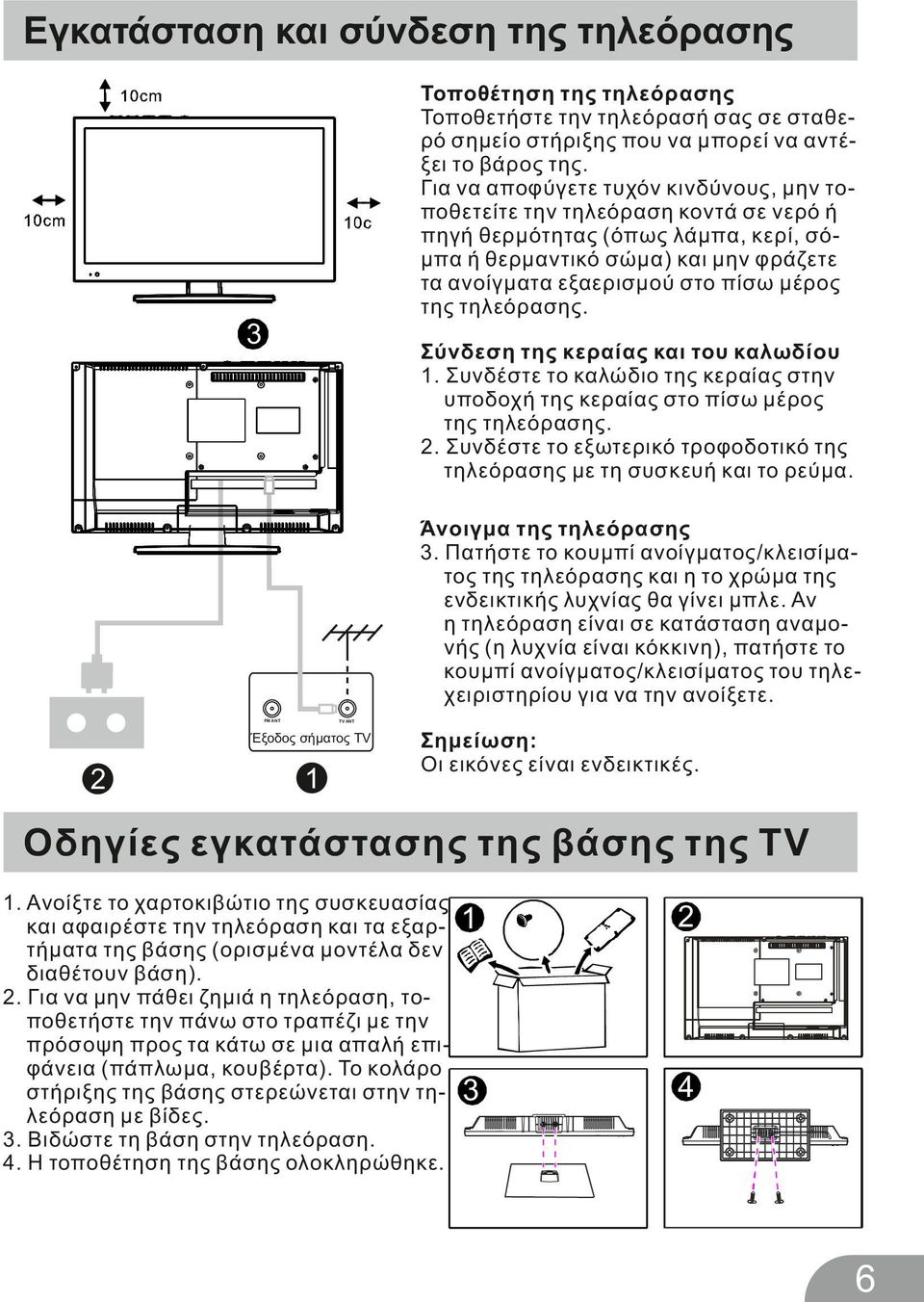 τηλεόρασης. 3 Σύνδεση της κεραίας και του καλωδίου 1. Συνδέστε το καλώδιο της κεραίας στην υποδοχή της κεραίας στο πίσω μέρος της τηλεόρασης. 2.