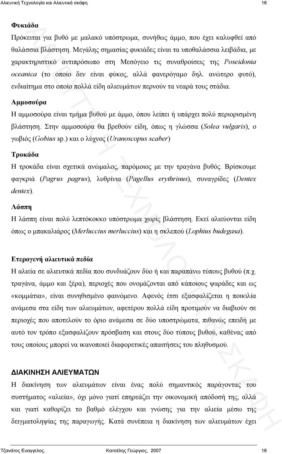 ανώτερο φυτό), ενδιαίτημα στο οποίο πολλά είδη αλιευμάτων περνούν τα νεαρά τους στάδια. Αμμοσούρα Η αμμοσούρα είναι τμήμα βυθού με άμμο, όπου λείπει ή υπάρχει πολύ περιορισμένη βλάστηση.