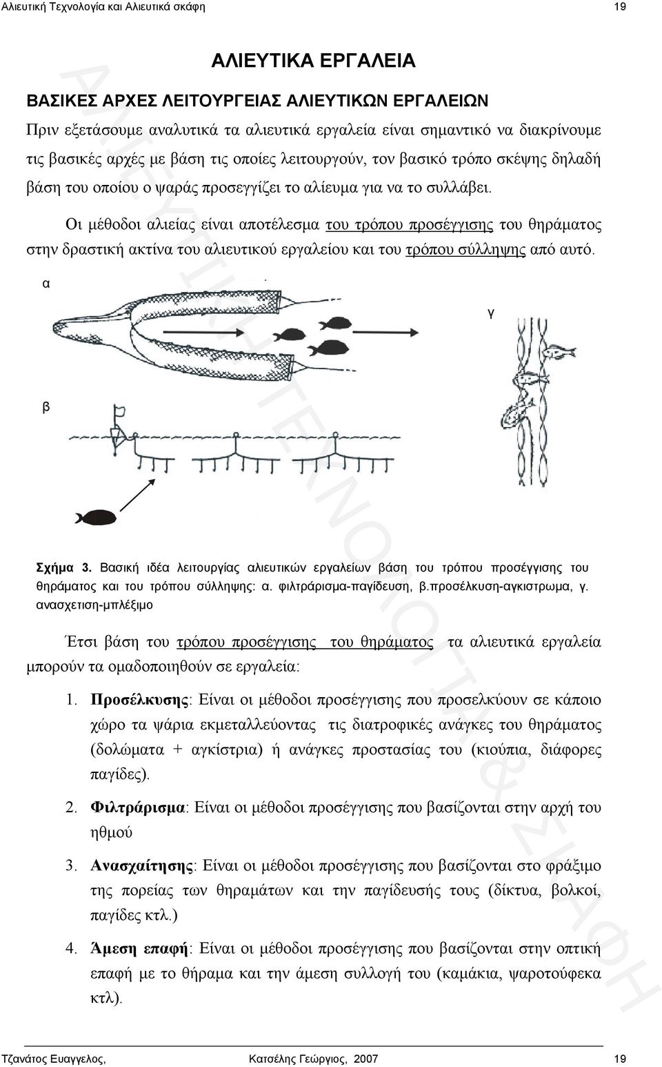 Οι μέθοδοι αλιείας είναι αποτέλεσμα του τρόπου προσέγγισης του θηράματος στην δραστική ακτίνα του αλιευτικού εργαλείου και του τρόπου σύλληψης από αυτό. α γ β Σχήμα 3.