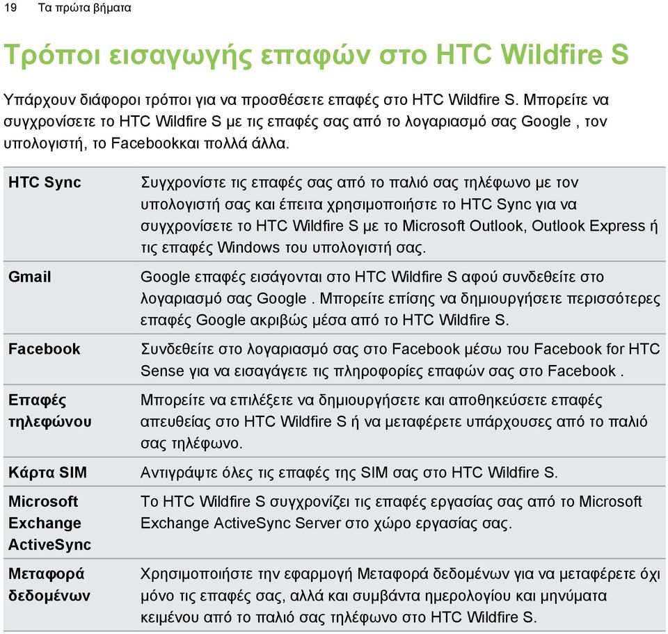 HTC Sync Gmail Facebook Επαφές τηλεφώνου Συγχρονίστε τις επαφές σας από το παλιό σας τηλέφωνο με τον υπολογιστή σας και έπειτα χρησιμοποιήστε το HTC Sync για να συγχρονίσετε το HTC Wildfire S με το