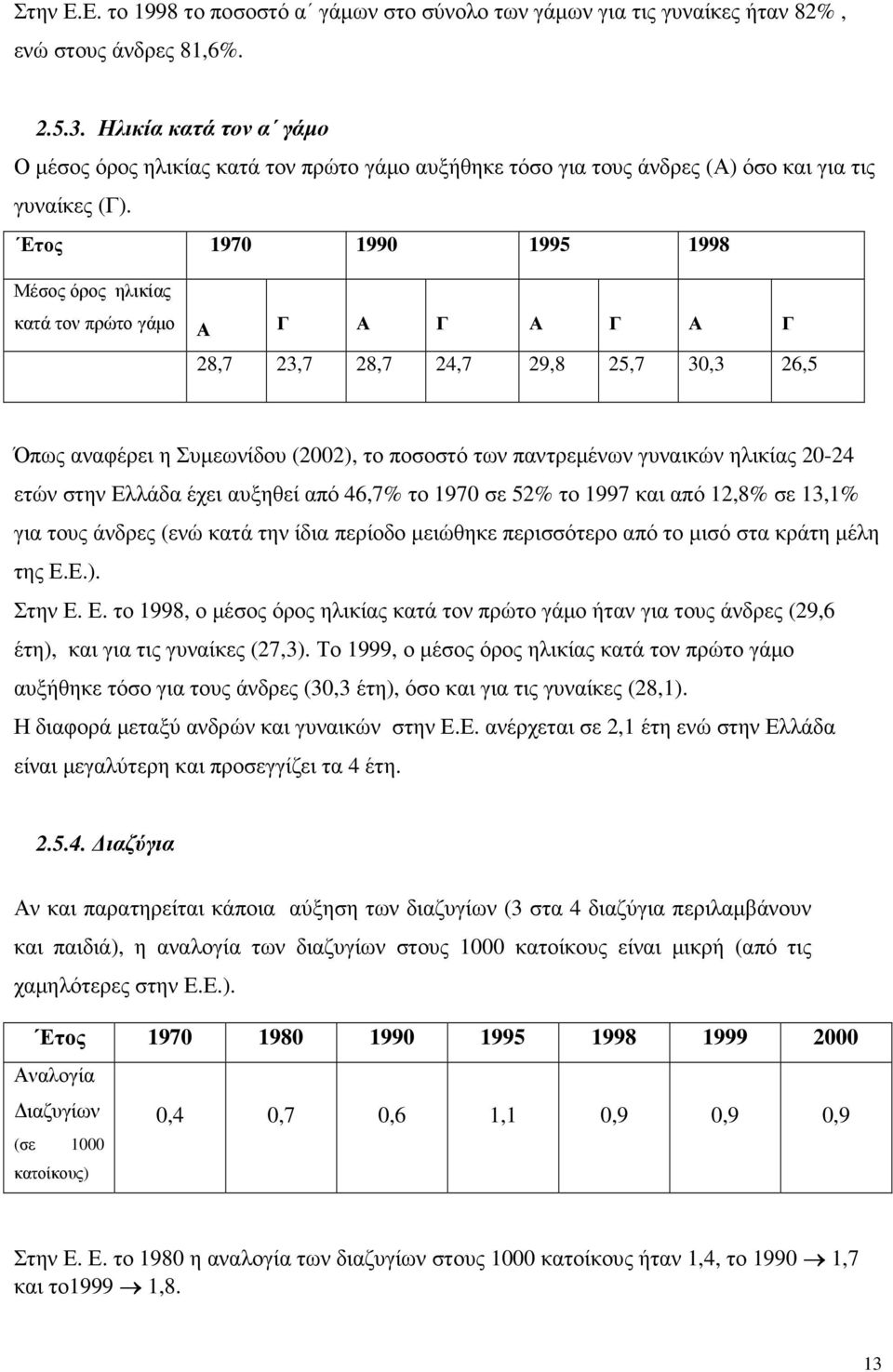 Ετος 1970 1990 1995 1998 Μέσος όρος ηλικίας κατά τον πρώτο γάµο Α Γ Α Γ Α Γ Α Γ 28,7 23,7 28,7 24,7 29,8 25,7 30,3 26,5 Όπως αναφέρει η Συµεωνίδου (2002), το ποσοστό των παντρεµένων γυναικών ηλικίας