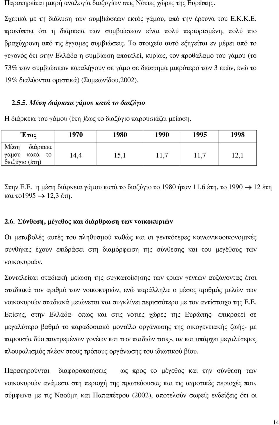 το 19% διαλύονται οριστικά) (Συµεωνίδου,2002). 2.5.5. Μέση διάρκεια γάµου κατά το διαζύγιο Η διάρκεια του γάµου (έτη )έως το διαζύγιο παρουσιάζει µείωση.