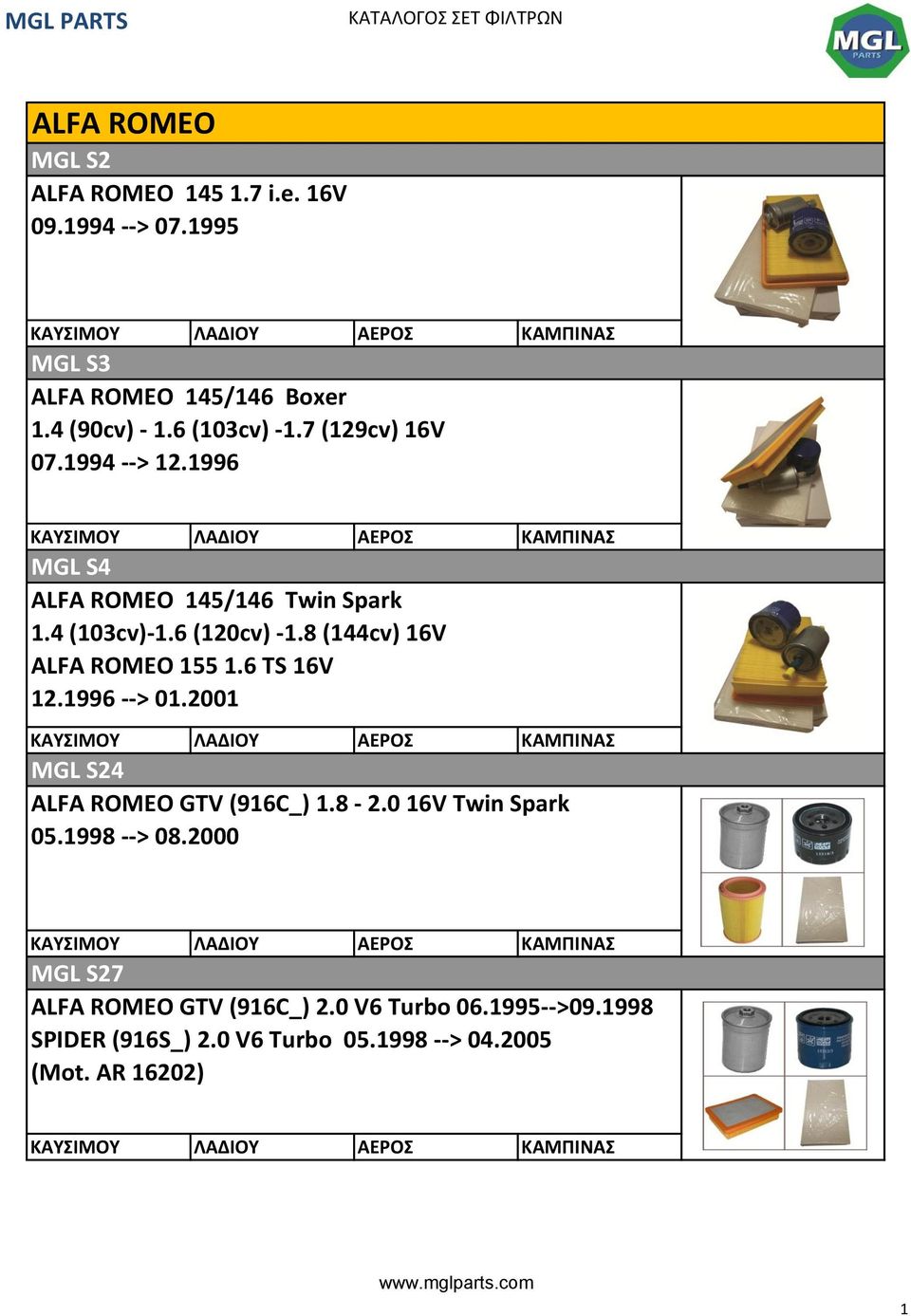 8 (144cv) 16V ALFA ROMEO 155 1.6 TS 16V 12.1996 --> 01.2001 MGL S24 ALFA ROMEO GTV (916C_) 1.8-2.0 16V Twin Spark 05.