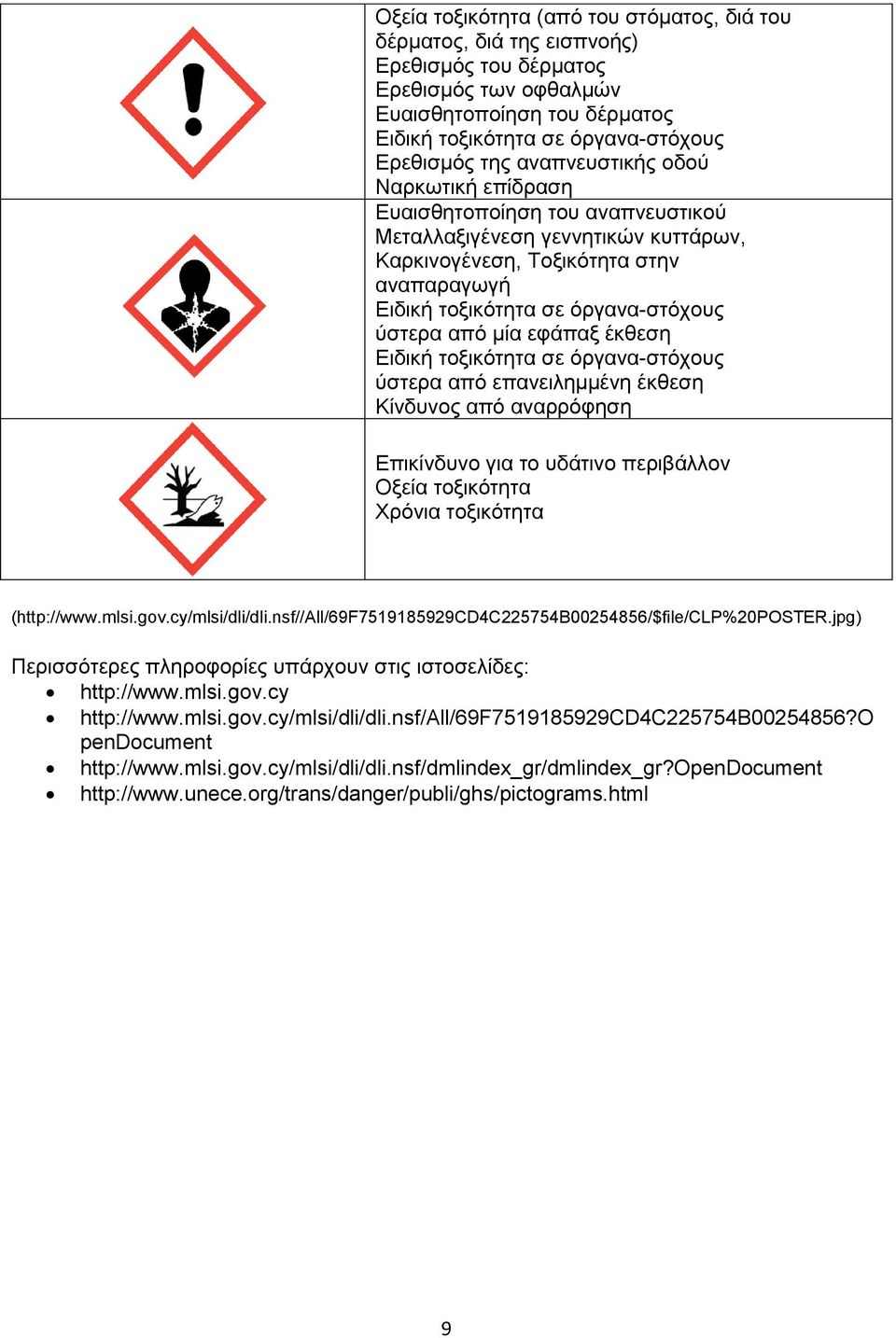 μία εφάπαξ έκθεση Ειδική τοξικότητα σε όργανα-στόχους ύστερα από επανειλημμένη έκθεση Κίνδυνος από αναρρόφηση Επικίνδυνο για το υδάτινο περιβάλλον Οξεία τοξικότητα Χρόνια τοξικότητα (http://www.mlsi.