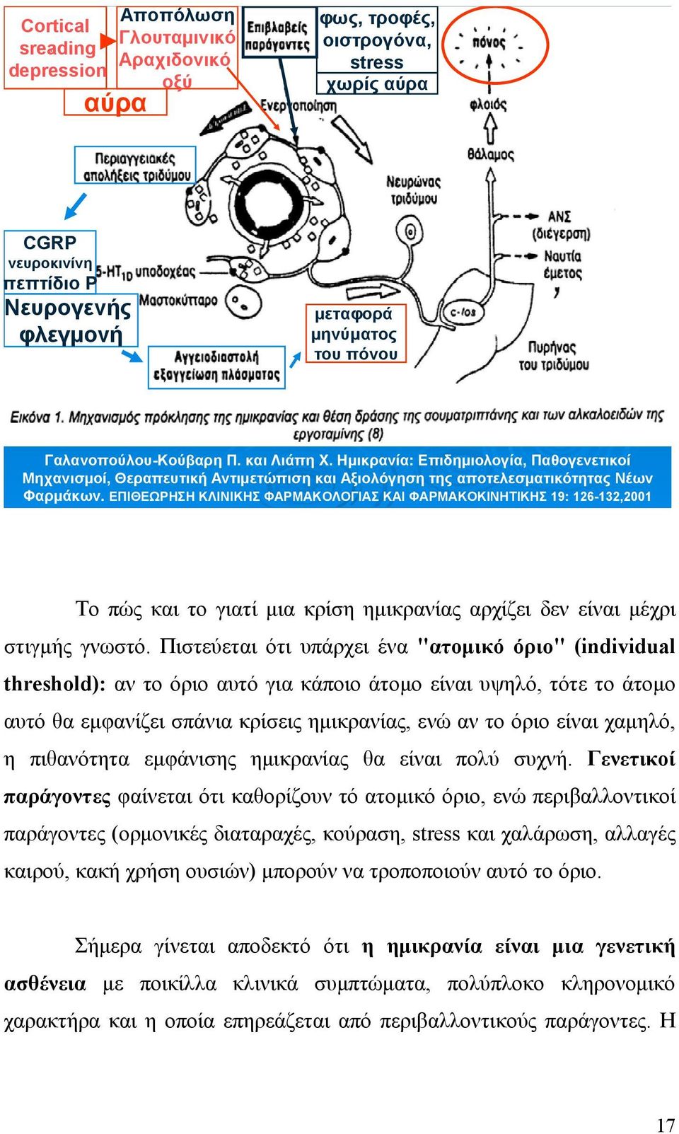 ΕΠΙΘΕΩΡΗΣΗ ΚΛΙΝΙΚΗΣ ΦΑΡΜΑΚΟΛΟΓΙΑΣ ΚΑΙ ΦΑΡΜΑΚΟΚΙΝΗΤΙΚΗΣ 19: 126-132,2001 Το πώς και το γιατί μια κρίση ημικρανίας αρχίζει δεν είναι μέχρι στιγμής γνωστό.