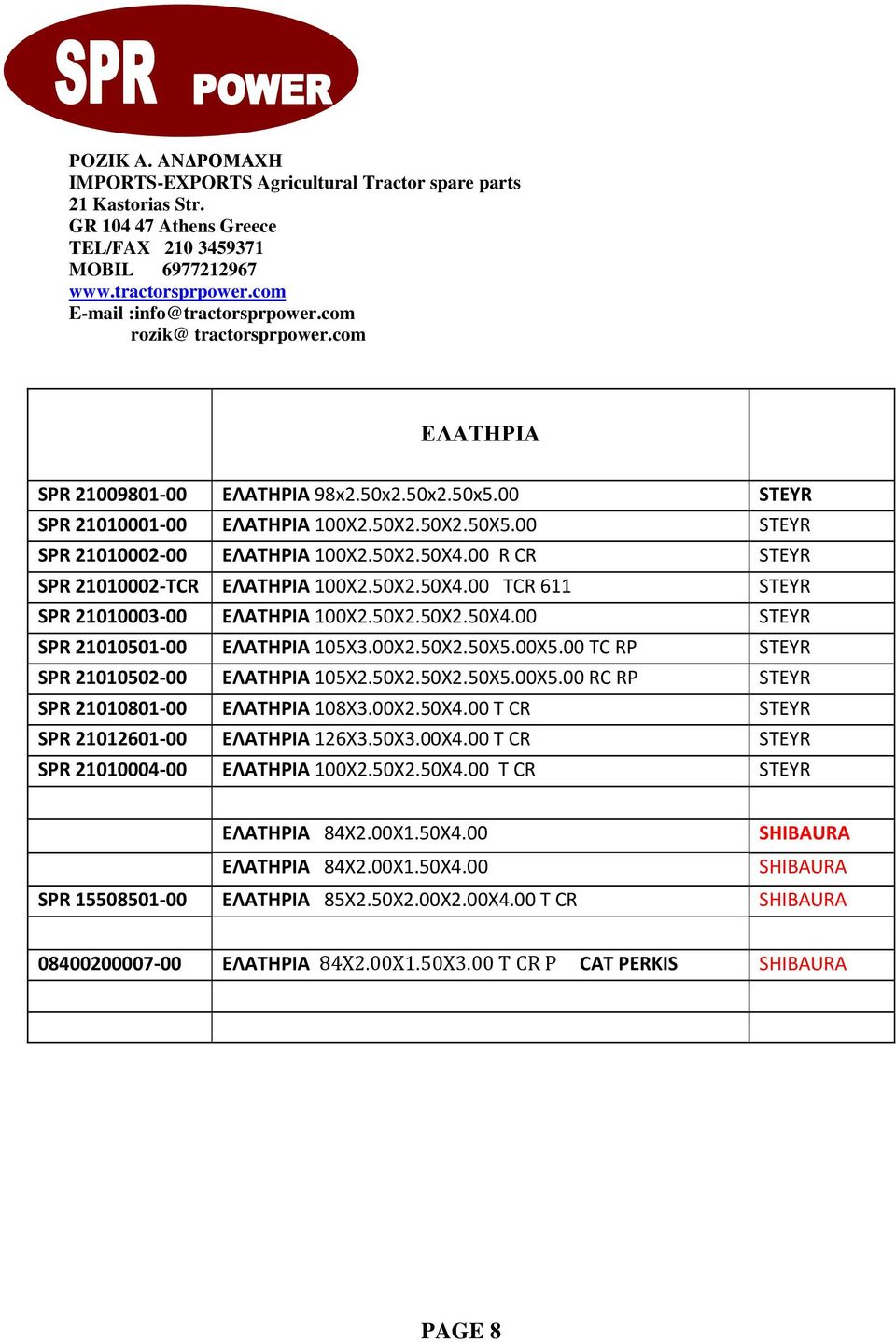 00 TC RP STEYR SPR 21010502-00 EΛΑΤΗΡΙA 105X2.50X2.50X2.50X5.00X5.00 RC RP STEYR SPR 21010801-00 EΛΑΤΗΡΙA 108X3.00X2.50X4.00 T CR STEYR SPR 21012601-00 EΛΑΤΗΡΙA 126X3.50X3.00X4.