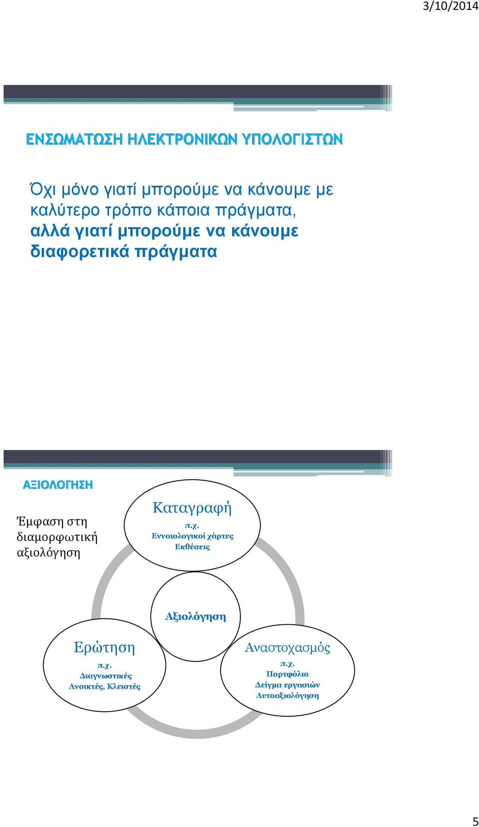 διαμορφωτική αξιολόγηση Καταγραφή π.χ. Εννοιολογικοί χάρτες Εκθέσεις Αξιολόγηση Ερώτηση π.χ. Διαγνωστικές Ανοικτές, Κλειστές Αναστοχασμός π.