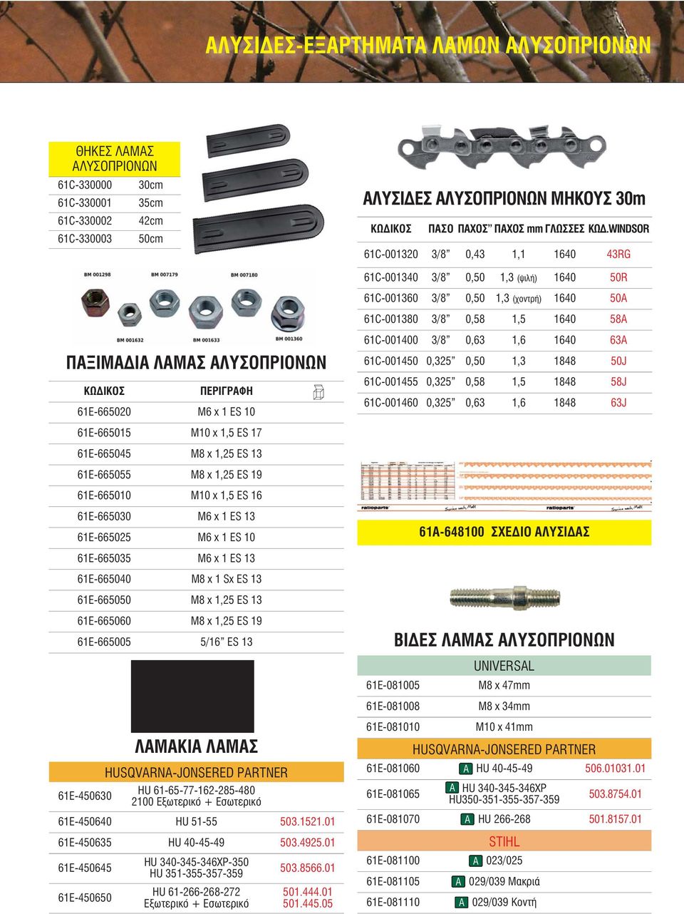 Sx ES 13 61E-665050 M8 x 1,25 ES 13 61E-665060 M8 x 1,25 ES 19 61E-665005 5/16 ES 13 HUSQVARNA-JONSERED PARTNER 61E-450630 HU 61-65-77-162-285-480 2100 Εξωτερικό + Εσωτερικό 61E-450640 HU 51-55 503.