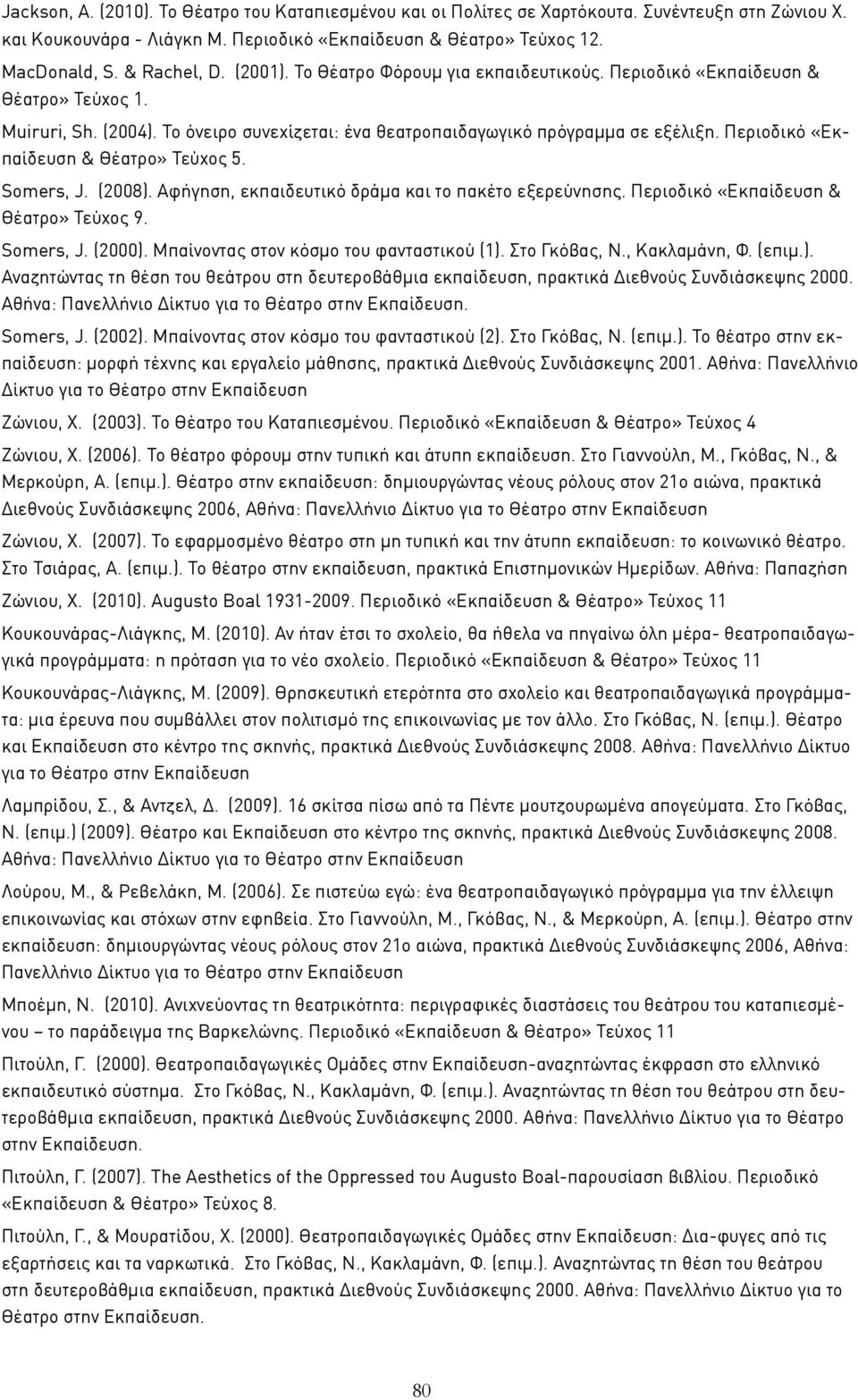 Περιοδικό «Εκπαίδευση & Θέατρο» Τεύχος 5. Somers, J. (2008). Αφήγηση, εκπαιδευτικό δράμα και το πακέτο εξερεύνησης. Περιοδικό «Εκπαίδευση & Θέατρο» Τεύχος 9. Somers, J. (2000).