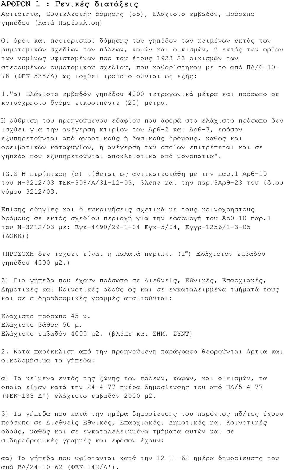 (ΦΕΚ-538/Δ) ως ισχύει τροποποιούνται ως εξής: 1."α) Ελάχιστο εμβαδόν γηπέδου 4000 τετραγωνικά μέτρα και πρόσωπο σε κοινόχρηστο δρόμο εικοσιπέντε (25) μέτρα.